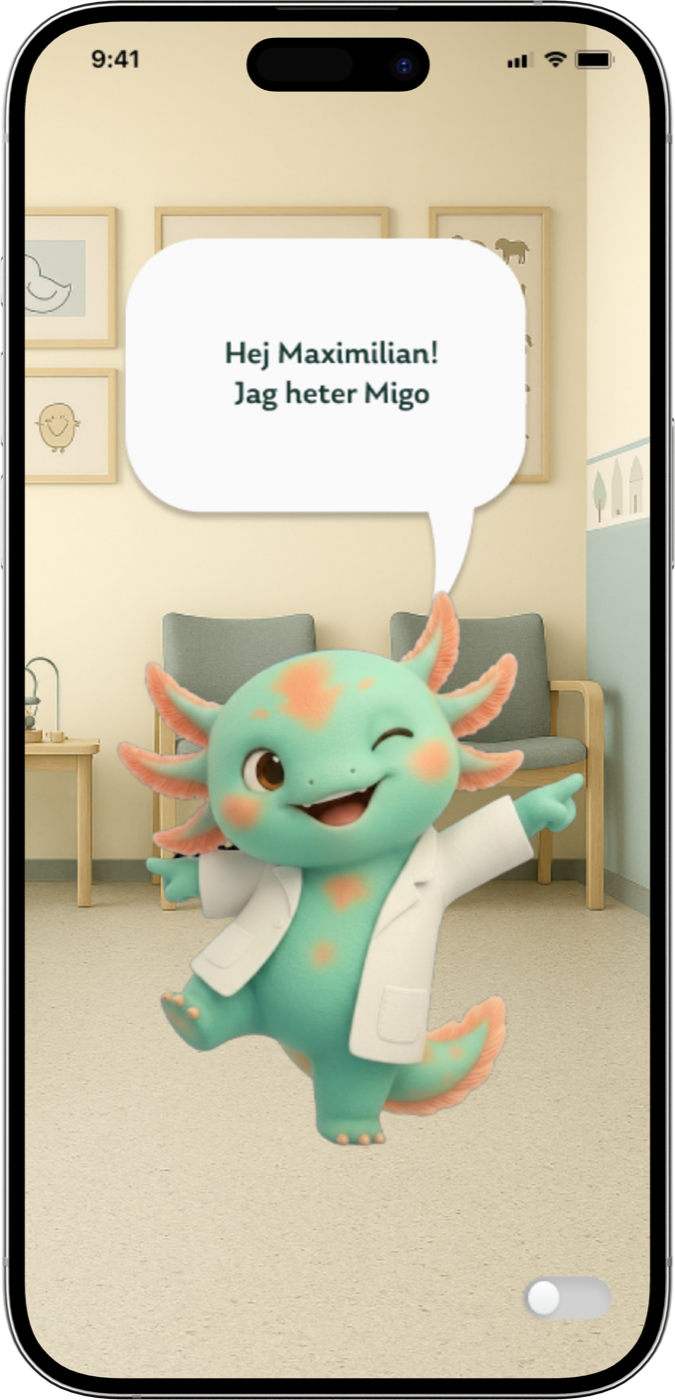 Migo greets the child in an AR view of the waiting room: “Hej Maximilian! Jag heter Migo”.