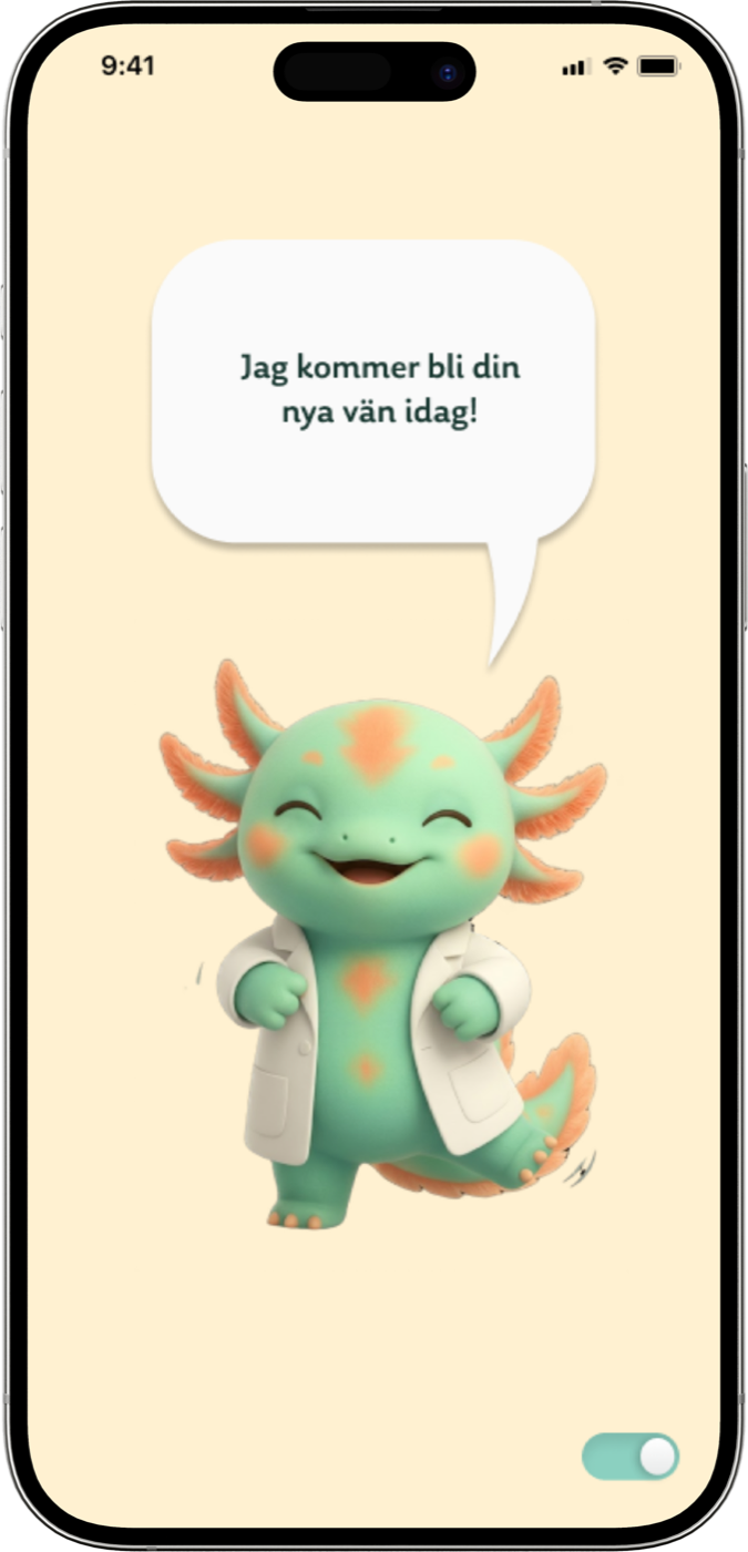 Migo on a cream background saying “Jag kommer bli din nya vän idag!”, AR toggle switched on.