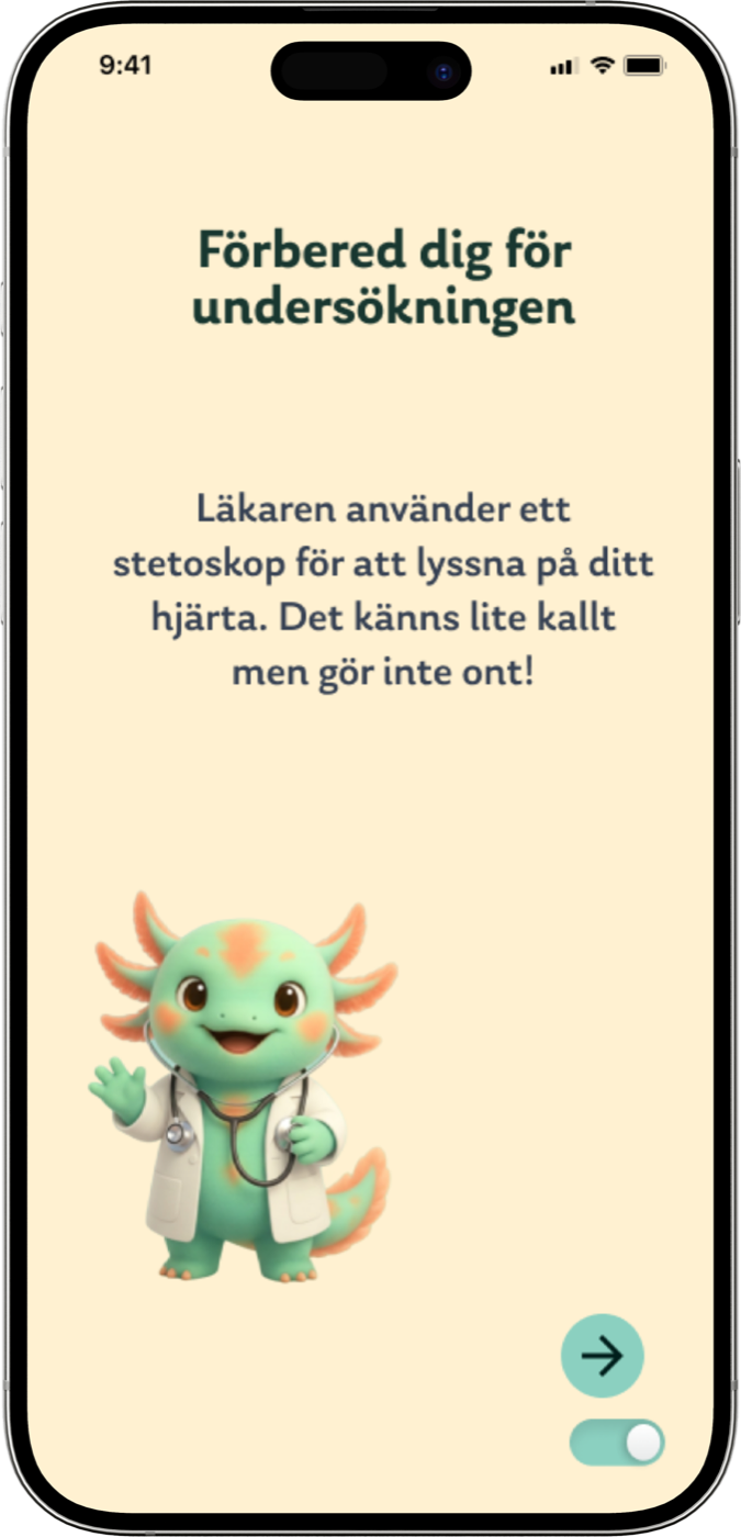 “Förbered dig för undersökningen”: Migo explains that the doctor will listen to the heart with a stethoscope.