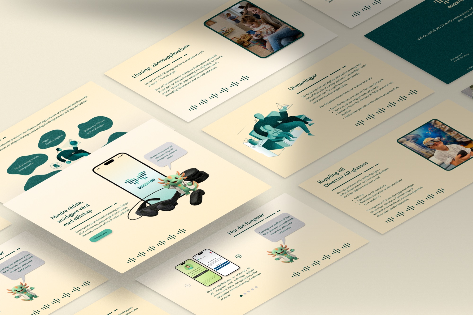 Isometric spread of the Divertini concept presentation: slides about the waiting experience, challenges, the Migo character, the companion app and the AR glasses.