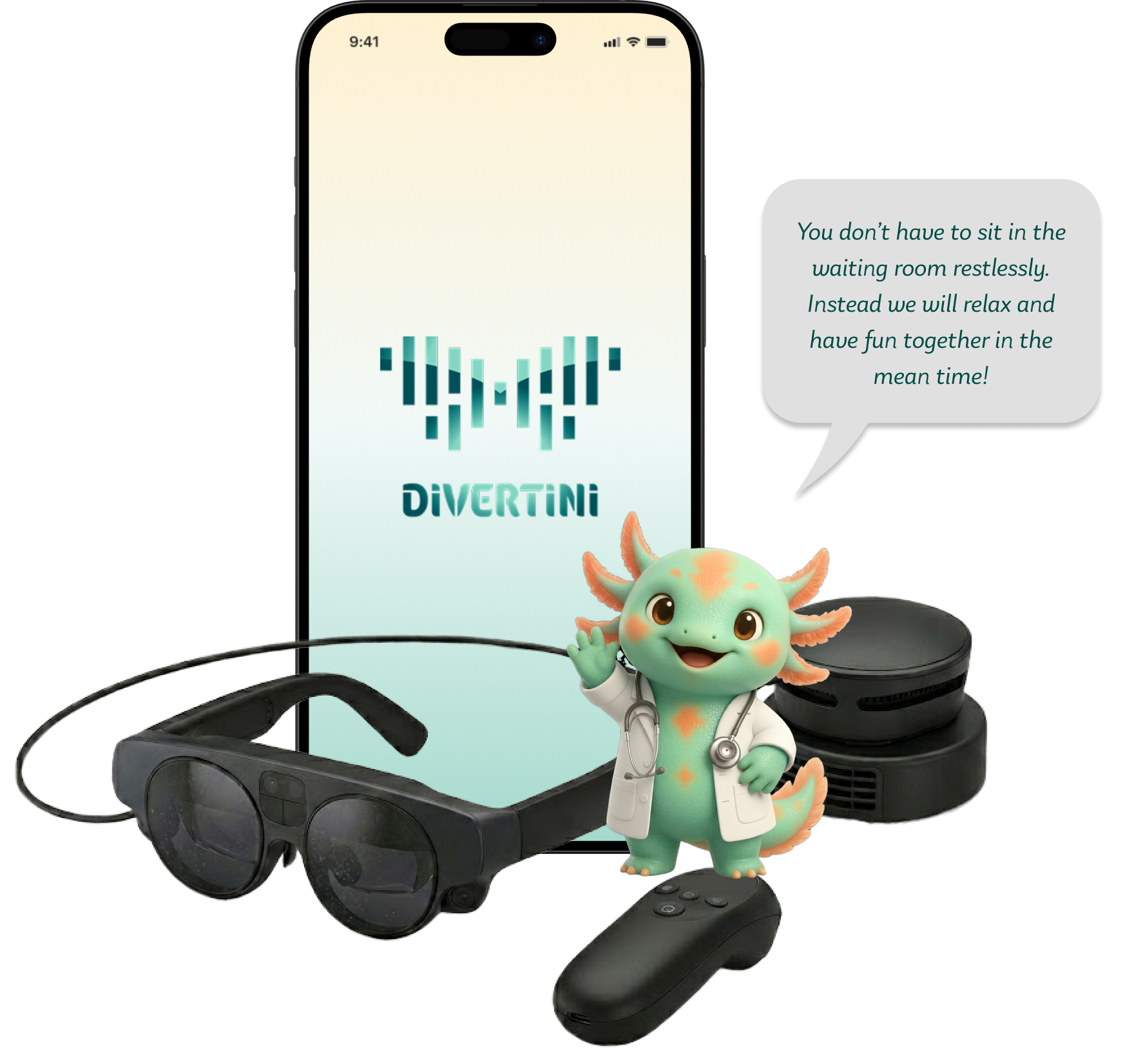 Migo, a green axolotl in a doctor’s coat, beside a phone showing the Divertini logo and AR glasses, saying: “You don’t have to sit in the waiting room restlessly. Instead we will relax and have fun together in the mean time!”