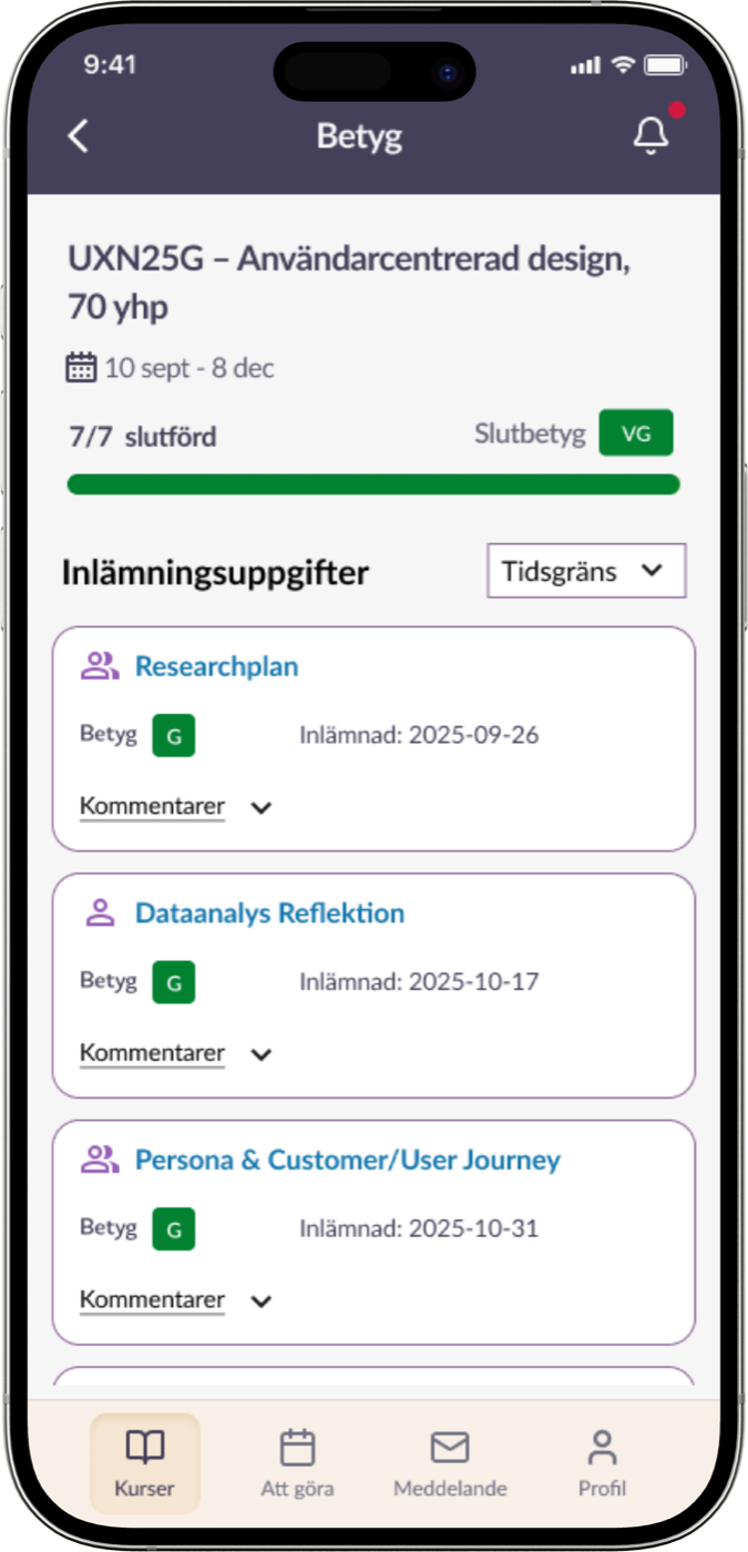 Redesign: the Betyg view listing the final grade and every assignment grade for a course.