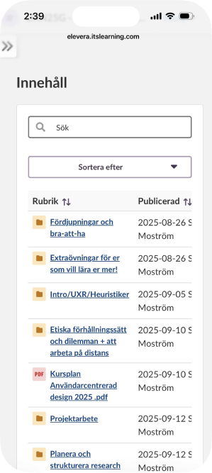 Old app: the “Innehåll” list mixing folders and documents in one long table.