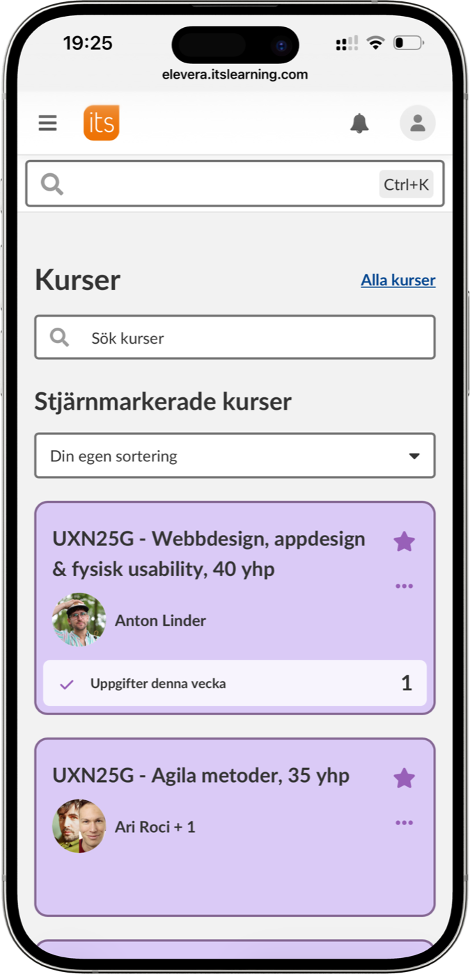 Old app: the Kurser page in a browser view with starred course cards that weren’t clickable.