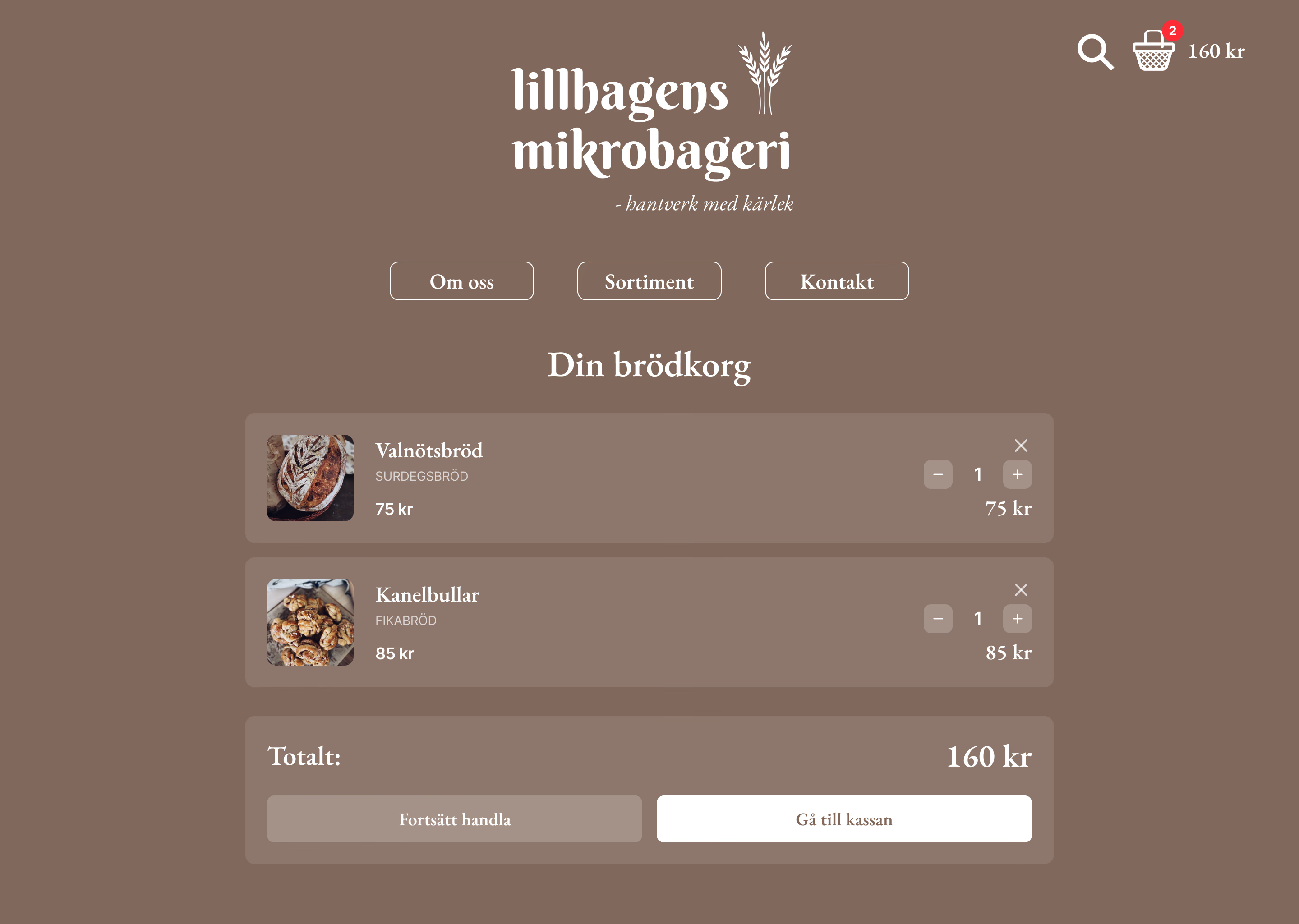 The new website’s basket, “Din brödkorg”: two breads with quantity controls and prices, a total of 160 kr, and the buttons “Fortsätt handla” and “Gå till kassan”.