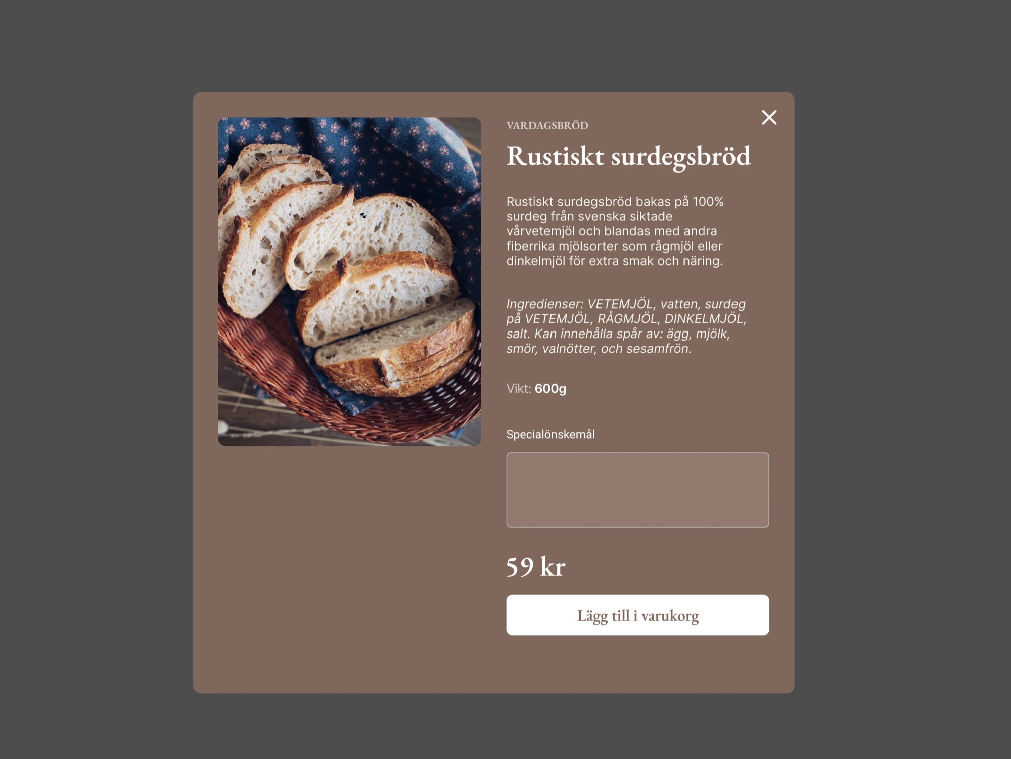 The product detail modal for Rustikt surdegsbröd: photo, description, ingredients, weight, a “Specialönskemål” text field, the price 59 kr and a “Lägg till i varukorg” button.