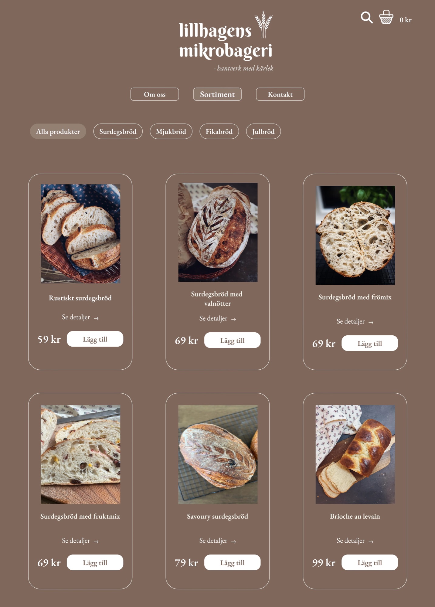 The new Sortiment page: filter pills (Alla produkter, Surdegsbröd, Mjukbröd, Fikabröd, Julbröd) above a grid of six bread cards, each with a photo, price, “Se detaljer” link and “Lägg till” button.