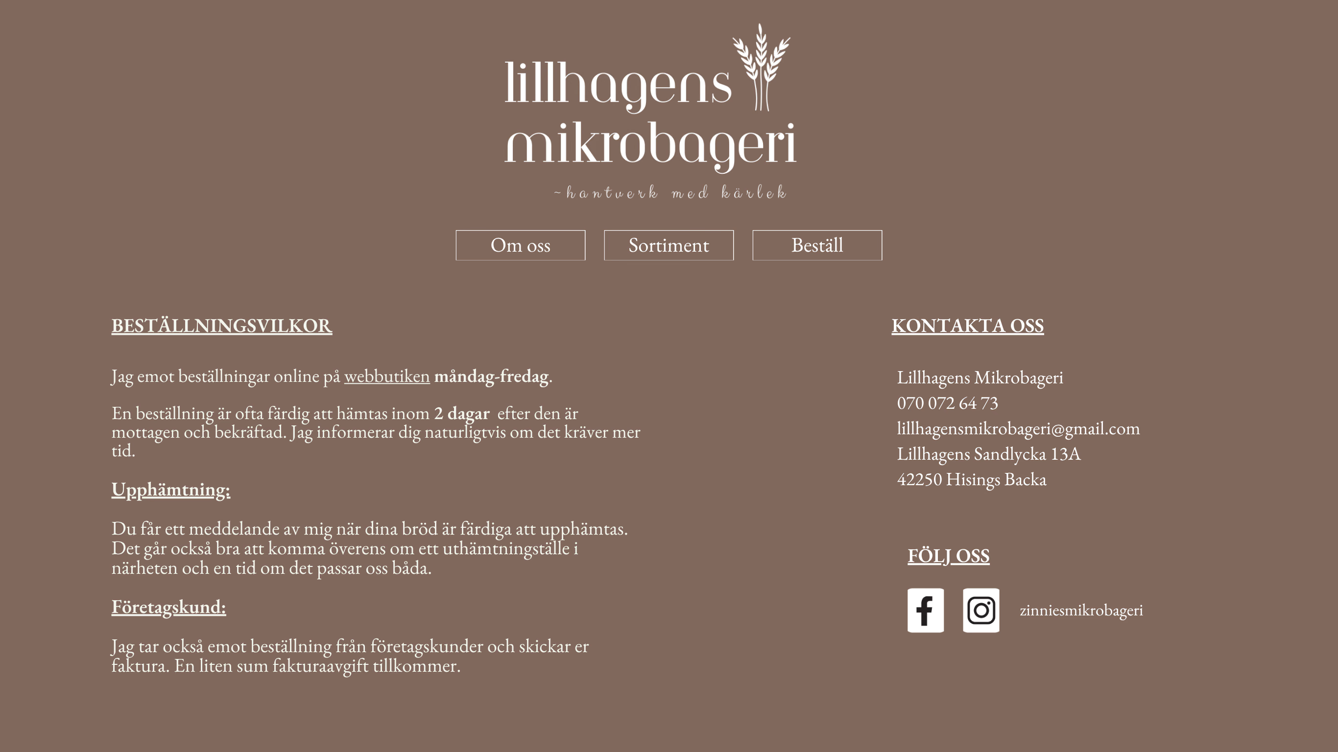 The old Canva website’s order page: dense blocks of text with order terms, pickup and business customers, plus contact details.