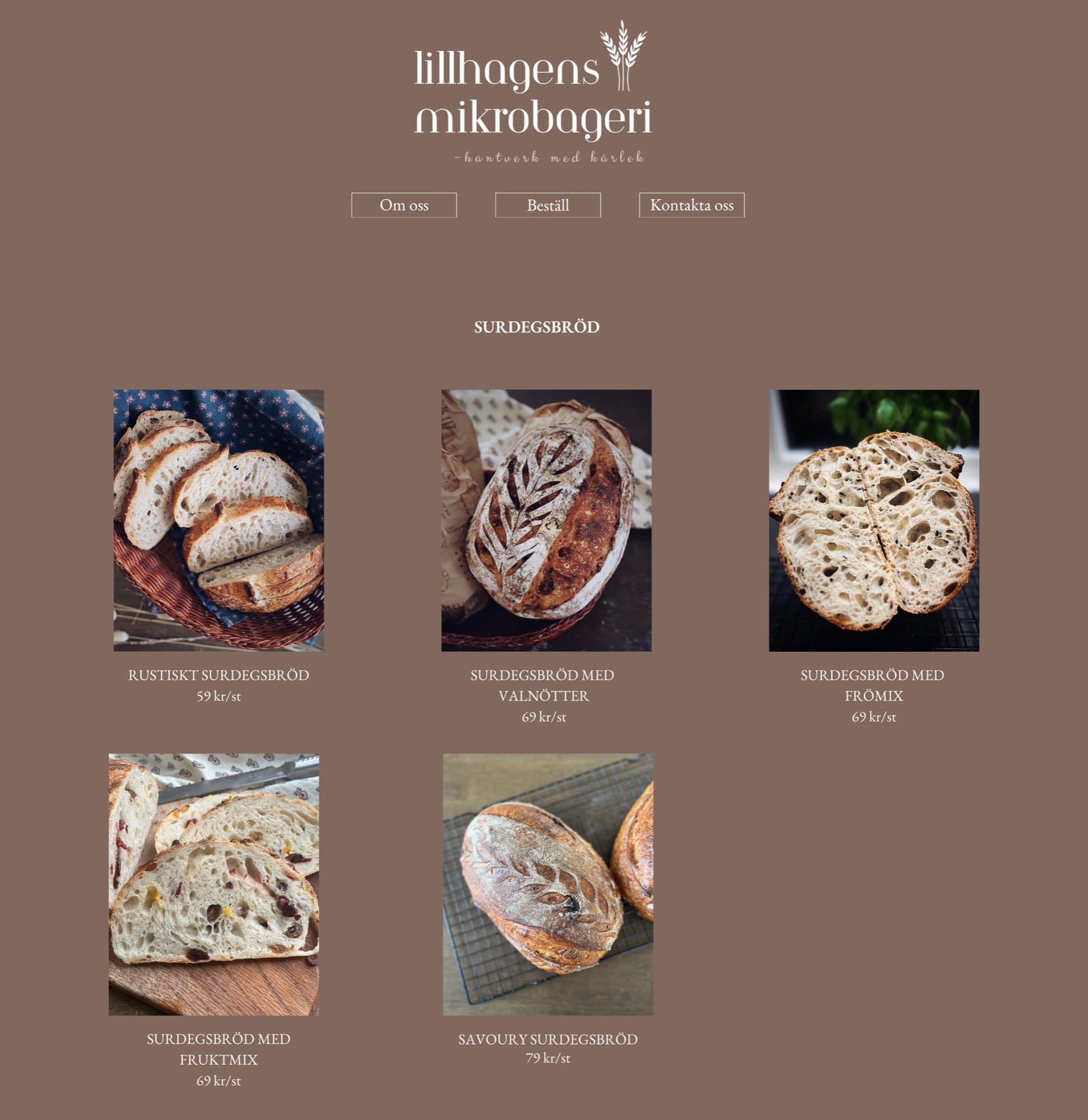 The old Canva website: logo, menu buttons and a Surdegsbröd section with photos, names and prices of the sourdough breads.
